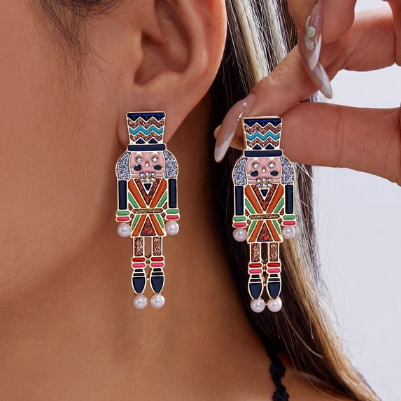 Faty-T Christmas Glitter Nutcracker Dangle Earrings, 14K Gold Plated Multi‑Color Enamel Drop Earrings With Imitation Pearl Accents,Whimsical Novelty Festive Xmas Jewelry For Holiday Party Wear