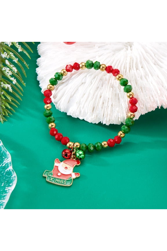 Christmas Jingle Bell Bracelets Xmas Multi Color Beaded Charm Stretch Bracelet Christmas Holiday Party Favors for Women Jewelry Gift