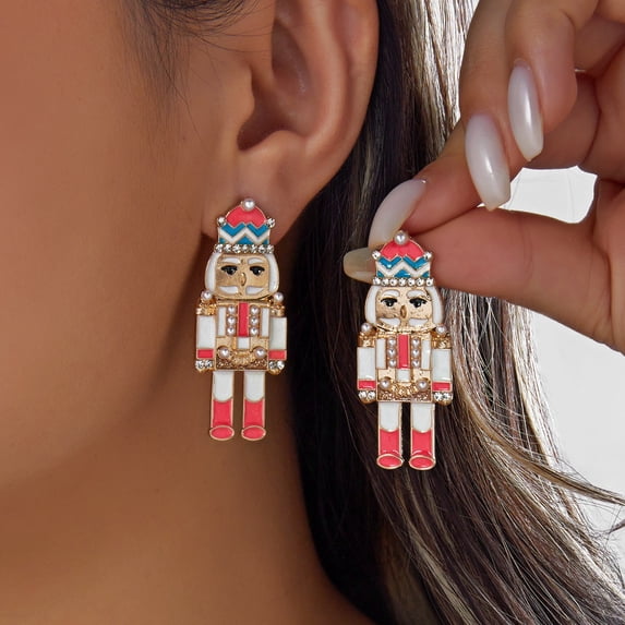 Faty-T Christmas Nutcracker Drop Dangle Earrings, 14K Gold Plated Enamel Soldier Earrings With Imitation Pearl & Rhinestone, Novelty Festive Xmas Statement Jewelry Accessory For Party Wear