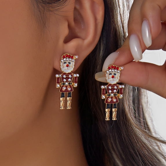 Faty-T Christmas Santa Nutcracker Dangle Earrings, 14K Gold Plated Enamel Soldier Drop Earrings With Clear Rhinestone & Imitation Pearl, Novelty Festive Xmas Holiday Jewelry For Party Daily Wear