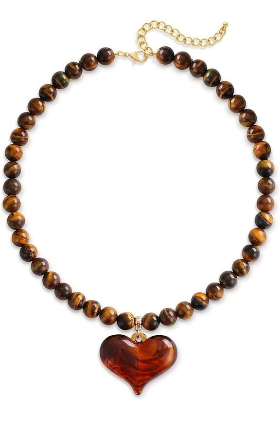 Chunky Stone Beaded Necklace Amber Puffy Resin Heart Pendant Necklace for Women - Tiger Eye Vintage Boho Choker Adjustable Statement Jewelry Gift