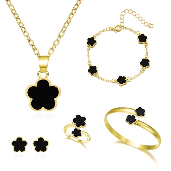 Faty-T Clover Jewelry Set 18K Gold Plated Stainless Steel Necklace with Flower Design Four leaf clover for Women, Elegant Four Leaf Clover Necklace Floral Style Jewelry