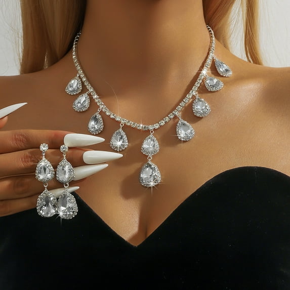 Faty-T Crystal Bridal Wedding Jewelry Set Silver Sparkly Rhinestone Necklace Earrings Prom Costume Jewelry Necklace for Women