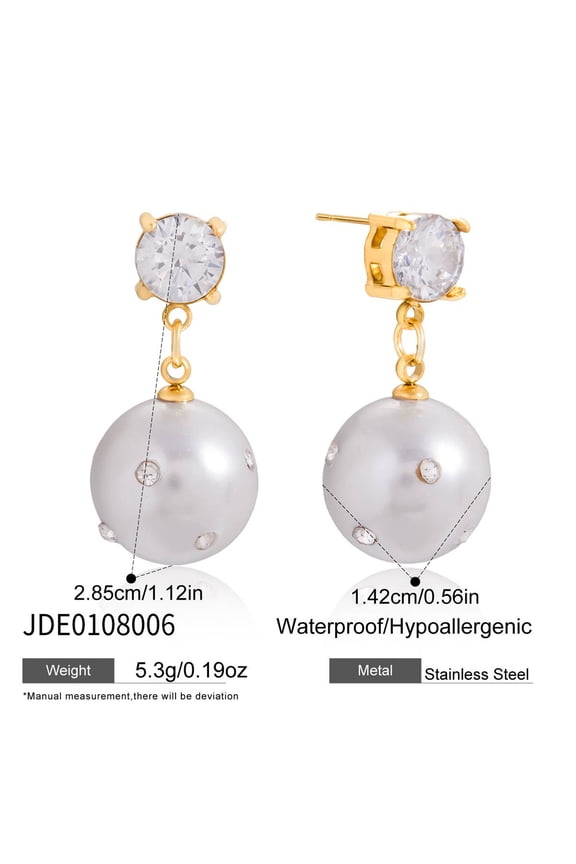 Crystal Double Beads Pearl Earrings for Women, 925 Sterling Silver Two Balls Pearl Drop Earrings