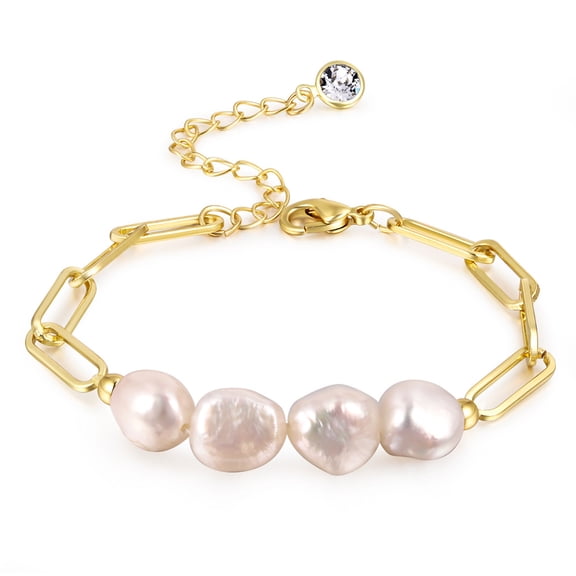 Faty-T Dainty Gold Freshwater Pearls Chain Bracelet for Women, Statement Paperclip Pearl Beaded Bangle Cuff Jewelry Gifts
