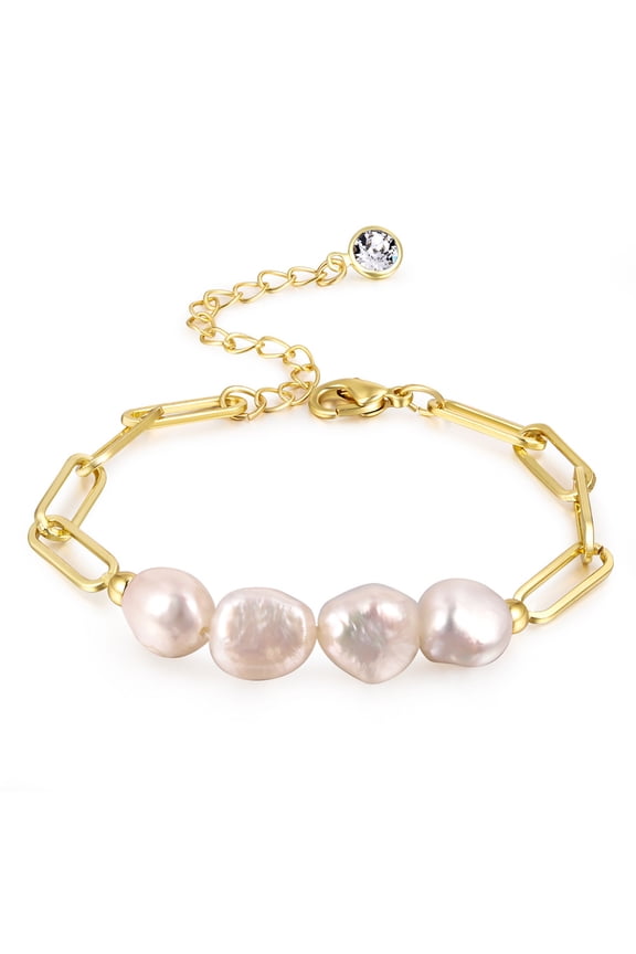 Dainty Gold Freshwater Pearls Chain Bracelet for Women, Statement Paperclip Pearl Beaded Bangle Cuff Jewelry Gifts