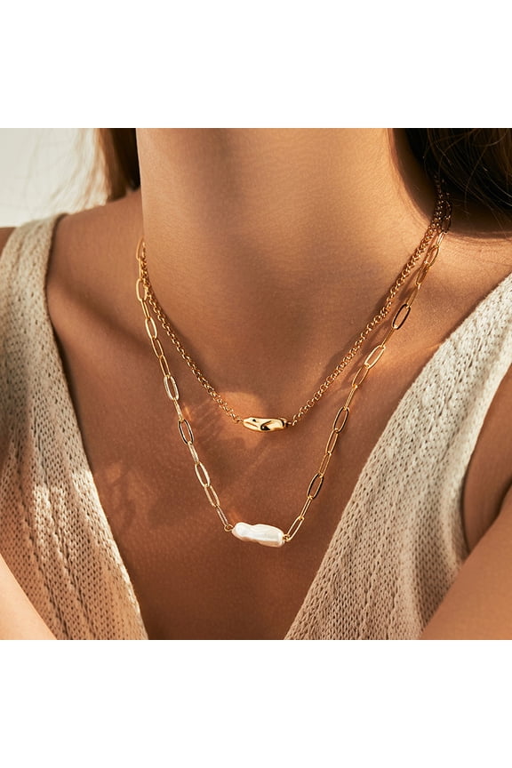 Dainty Silver Layered Baroque Pearl Necklace Stacking Beaded Ball Chain Paperclip Pearl Chain Retro Necklace for Women