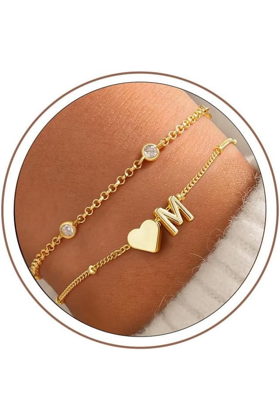 Easter Basket Stuffers for Women - Dainty 14K Gold Plated Layered Heart Letter A-Z Charm Bracelet Stack Mom Daughter Jewelry Birthday Easter Gifts for Women