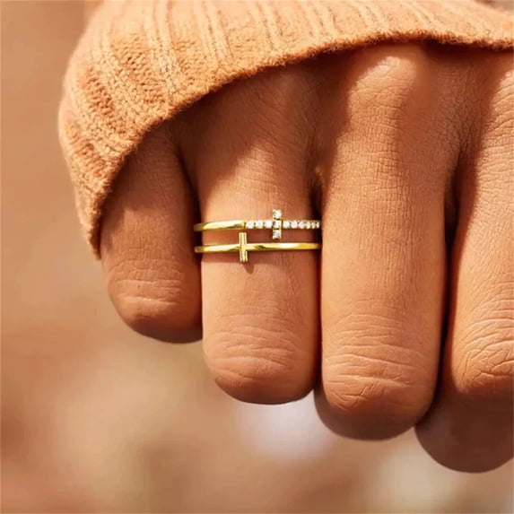 Faty-T Elegant Double Cross Ring with Crystal Accents - Gold Tone Fashion Jewelry