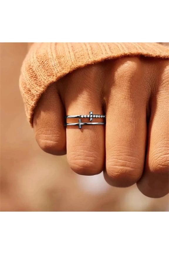 Elegant Double Cross Ring with Crystal Accents - Gold Tone Fashion Jewelry