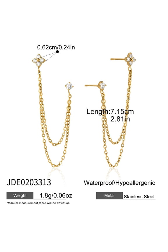 Elegant Gold-Plated Double Chain Earrings with Four-Cut Cubic Zirconia, Minimalist Dangle Style for Women, Perfect for Daily Wear and Party Occasions