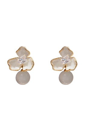 Enamel Three-Leaf Design with Dangling Cat's Eye Bead & Cubic Zirconia Center, Elegant Floral Drop Earrings for Women, Perfect for Daily Wear, Parties & Gifts