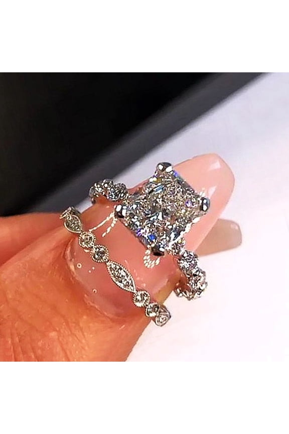 Engagement Rings for Women Sterling Silver Cubic Zirconia Wedding Bridal Ring Set Shiny Full Diamond Zircon Rings Sets of 2PCS Cushion Cut Diamonds Stone Engagement Wedding Band Ring