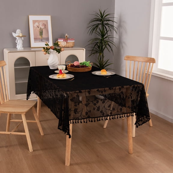 Faty-T French Lace Tablecloth Square Black Flower Embroidered Table Linen with Tassels Rustic Overlay Table Cover for Dining Wedding Party Holiday Tabletop Decor, 55x70 inch