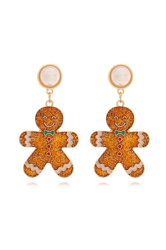 Glitter Gingerbread Man Dangle Earrings, Round Simulated Pearl Top Enamel Festive Drop Earrings with Bow Tie & Colorful Rhinestone Details for Women Christmas Party Jewelry Gift