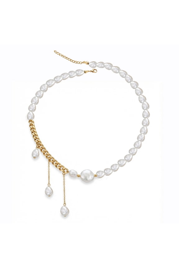 Gold Necklace for Women Half Pearl Necklace & Chunky Gold Cuban Necklace Chain, Adjustable Choker Necklace for Women with Gift Box