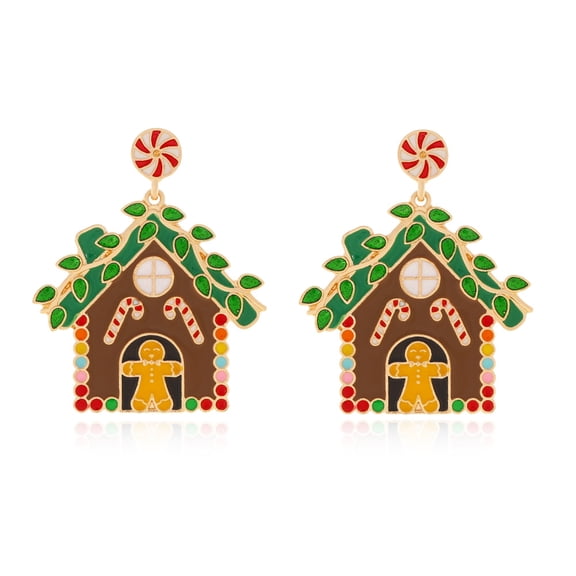 Faty-T Gold-Tone Enamel Gingerbread House Dangle Earrings, Peppermint Candy Stud Top with Gingerbread Man, Candy Cane & Holly Detail Christmas Holiday Party Jewelry Gift for Women