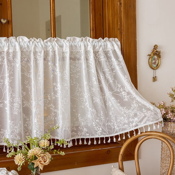 Faty-T Green Lace Sheer Valances for Windows Leaf Embroidered Light Filtering Kitchen Curtain Farmhouse Curtains with Tassels Rod Pocket Valances for Bathroom Laundry Basement(Green,39"x18")