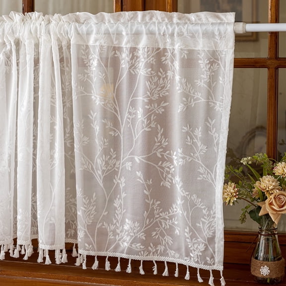 Faty-T Kitchen Curtains 24 Inch Length Tier Curtain, Checkered Small Cafe Curtain with Tassels, Light Filtering Short Window Curtains for Bathroom Basement