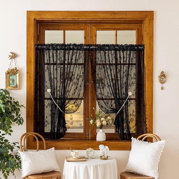 Faty-T Lace Cafe Curtains Privacy Mini Curtain for Bathroom Window Front Door, Elegant Short Half Scalloped Cabinet Curtains for Small Windows