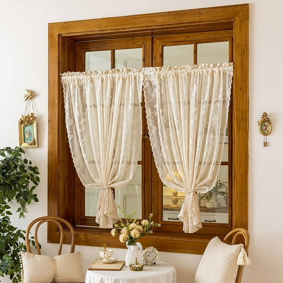Faty-T Lace Cafe Curtains Privacy Mini Curtain for Bathroom Window Front Door, Elegant Short Half Scalloped Cabinet Curtains for Small Windows