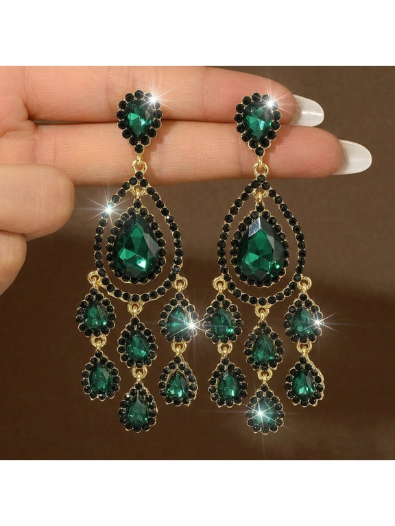 Long Full Rhinestone Teardrop Crystal Dangle Chandelier Drop Earrings Fashion Jewelry