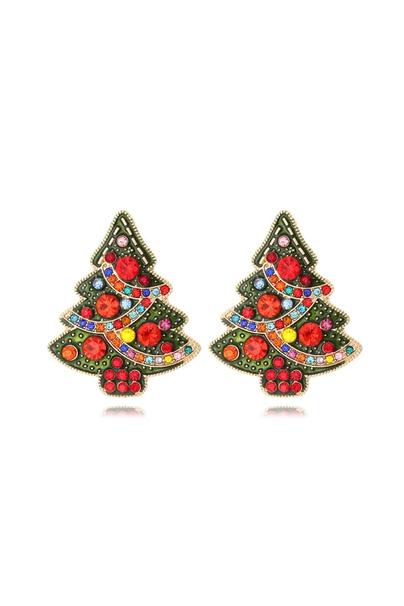 Multi-Color Crystal Christmas Tree Dangle Earrings, Gold Tone Sparkly Festive Holiday Statement Jewelry for Women Xmas Party Accessories