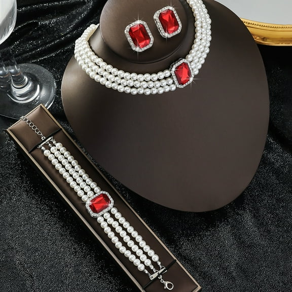 Faty-T Pearl Earrings Necklace Bracelet Set for Women Wedding Rhinestone Crystal Pearl Jewelry Set Bride Bridesmaid Dainty Jewelry for Women