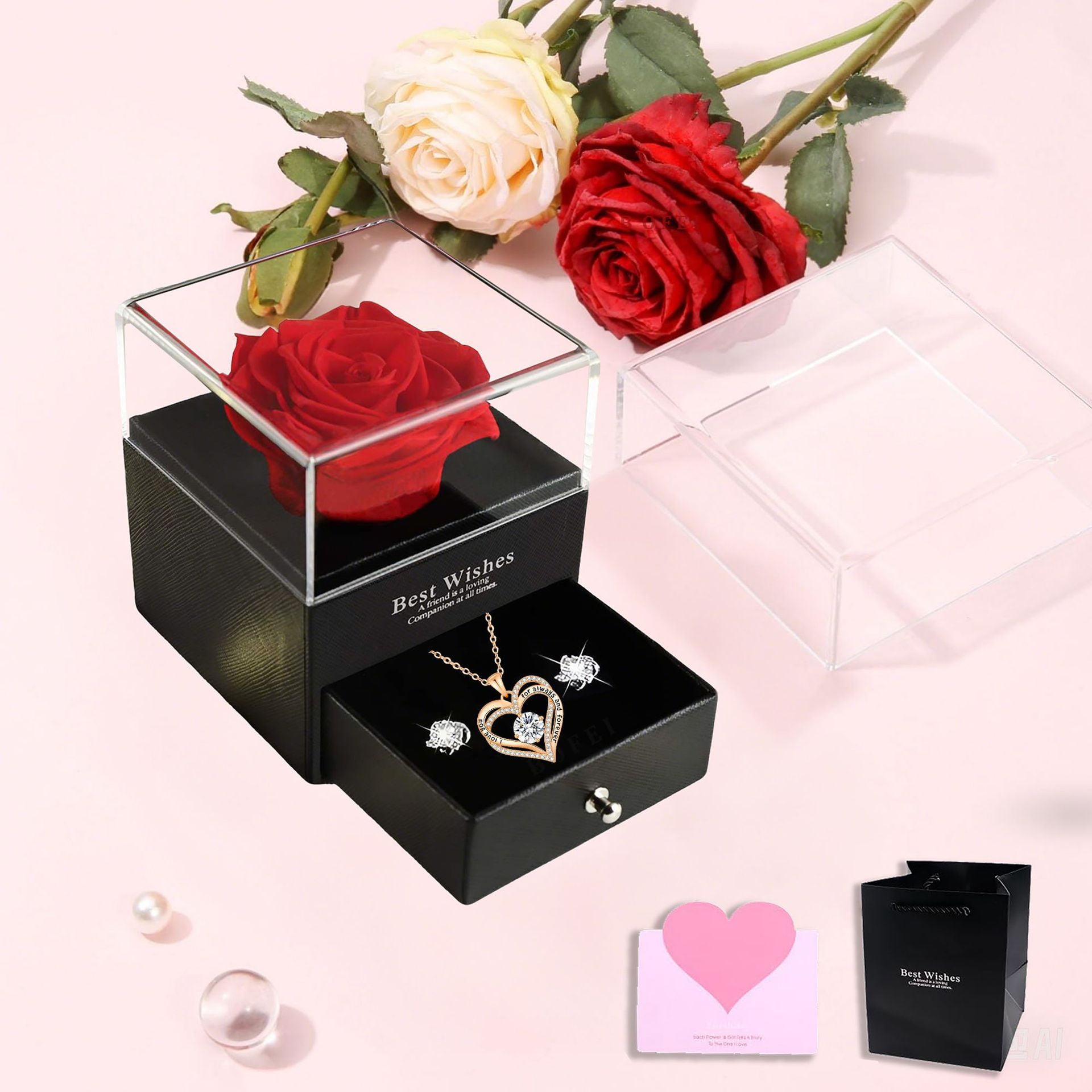 Faty-T Preserved Rose Box with Crystal Heart Necklace -Real Red Eternal ...