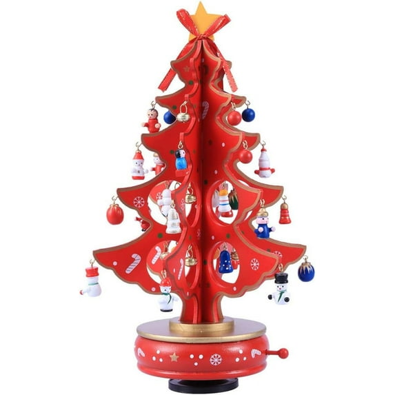 Faty-T Red Wooden Tabletop Christmas Tree, Christmas Tree Music Boxes Desktop Decoration for Christmas Birthday Gift
