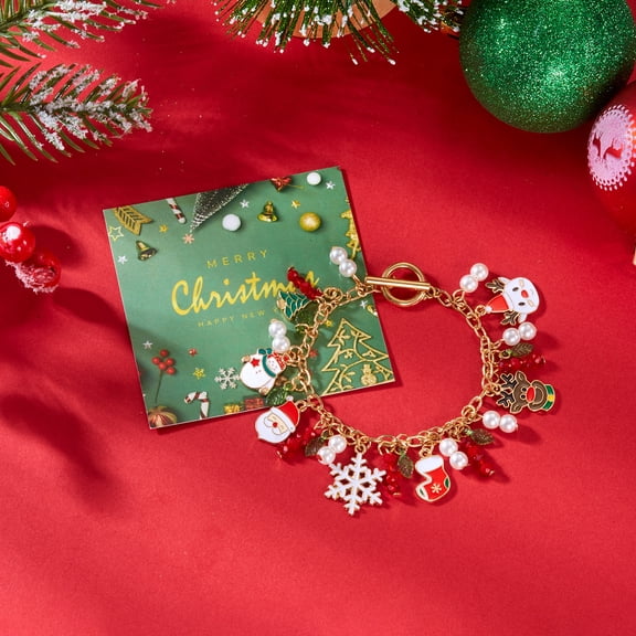Faty-T Retro Christmas Bracelet with Santa Claus & Snowflake Charm - Candy Cane Beads, Year-Round Wearable Holiday Gift for Daily Use or Xmas Party