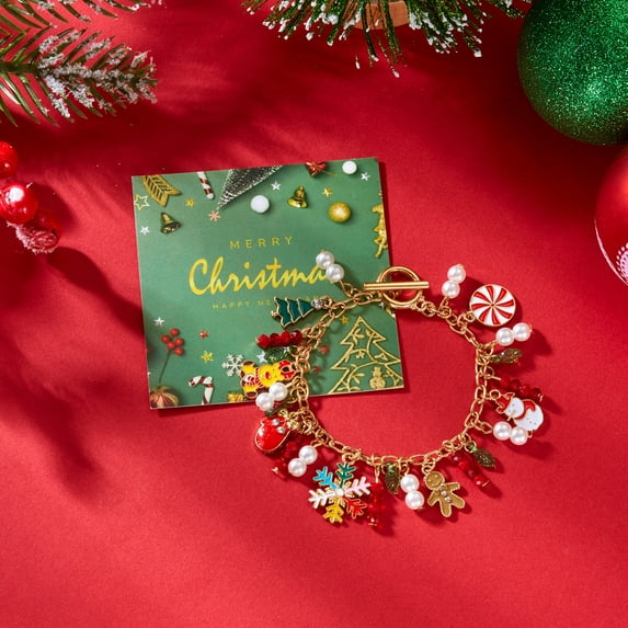 Faty-T Retro Christmas Bracelet with Santa Claus & Snowflake Charm - Candy Cane Beads, Year-Round Wearable Holiday Gift for Daily Use or Xmas Party