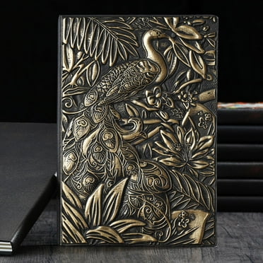 Faty-T Retro Embossed Peacock Leather Writing Journal,A5,200 Pages Antique Handmade Daily Notepad Sketchbook,Travel Diary&Notebook for Women Men