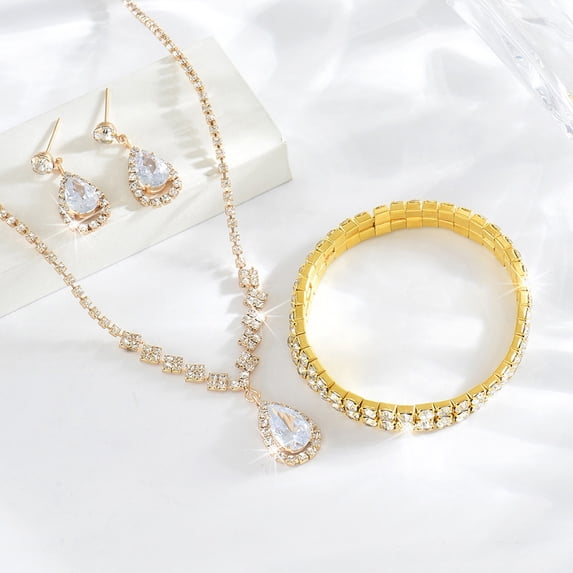 Faty-T Rhinestone Bridal Wedding Jewelry Set Silver Necklace Earrings Bracelet Sets Formal Prom Costume Jewelry Sets for Women