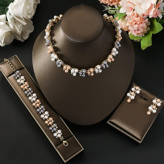 Faty-T Rhinestone Necklace Earring Set Faux Pearl Necklace and Dangle Earrings Wedding Bridal Jewelry Crystal Necklaces for Women