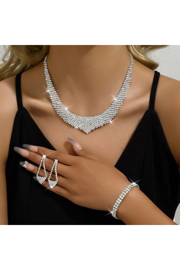Rhinestone Necklace Earrings Set Silver Bridal Wedding Jewelry Sets Diamond Prom Formal Costume Jewelry for Women and Brides