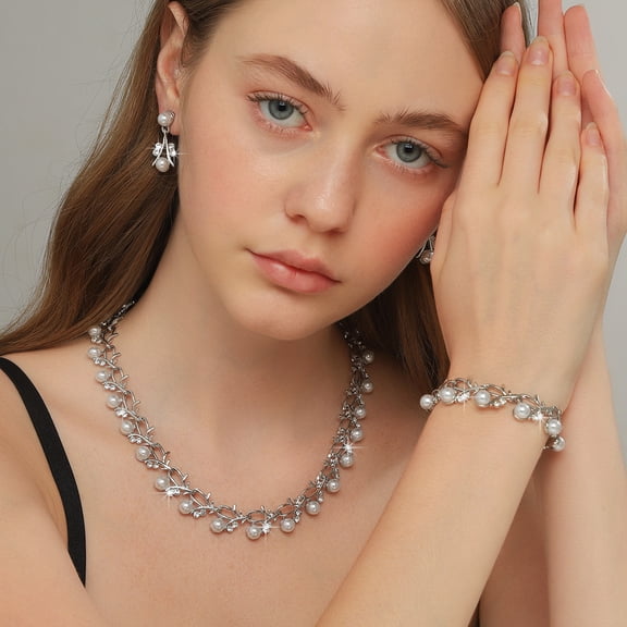 Faty-T Rhinestone Pearl Wedding Jewelry Set for Bride Bridesmaid Bohemia Adjustable Beaded Crystal Bracelet Necklace Exaggerated Pearl Earring Set for Women
