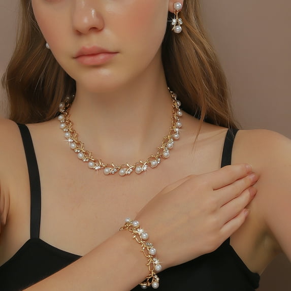 Faty-T Rhinestone Pearl Wedding Jewelry Set for Bride Bridesmaid Bohemia Adjustable Beaded Crystal Bracelet Necklace Exaggerated Pearl Earring Set for Women