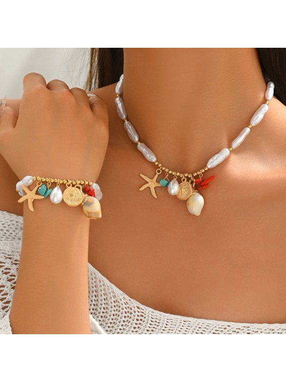 Seashell Starfish Necklace for Women Conch Shell Summer Imitation Pearl Beach 14k Gold Plated Dainty Choker Necklace And Bracelet Set