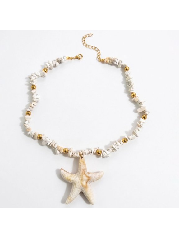 Shell Starfish Necklace for Women, 14k Gold Plated Boho Layered Beaded Charm Pendant Necklace, Dainty Adjustable Imitation Pearl Conch Summer Beach Vacation Jewelry Gifts