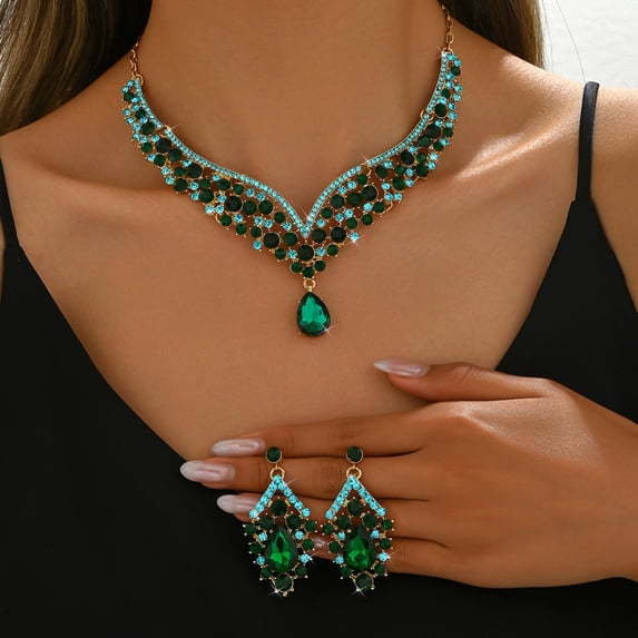 Faty-T Silver Bridal Wedding Jewelry Set Rhinestone Necklace Earrings Bracelet Sets Prom Formal Costume Jewelry Sets for Women and Brides