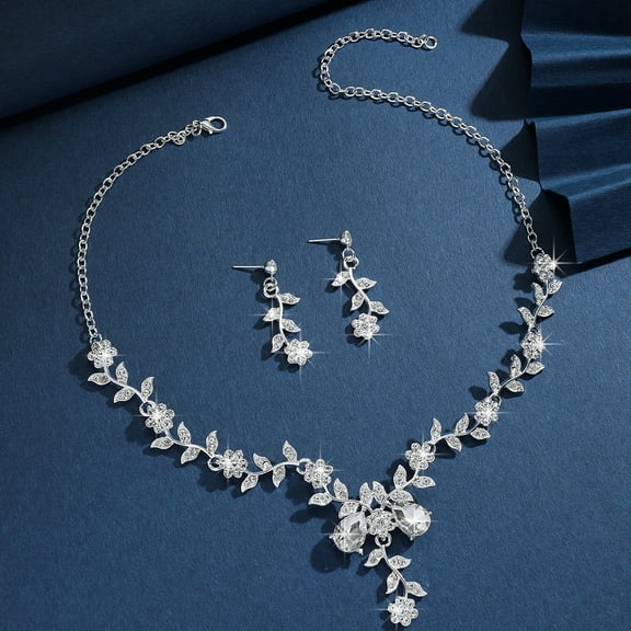 Faty-T Silver Bride Wedding Jewelry Sets Flower Crystal Bridal Necklace Earrings Set Leaf Prom Costume Jewelry Set Rhinestone Choker Necklace for Women and Brides