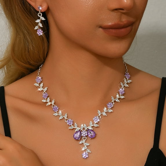 Faty-T Silver Bride Wedding Jewelry Sets Flower Crystal Bridal Necklace Earrings Set Leaf Prom Costume Jewelry Set Rhinestone Choker Necklace for Women and Brides