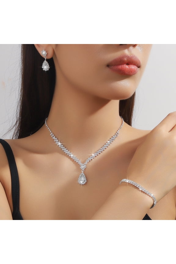 Silver Jewelry Set for Prom,Elegant Prom Jewelry Set Crystal Rhinestone Necklace Earrings Bracelet Brides Wedding Prom Dresses Costume Jewelry Accessories for Women