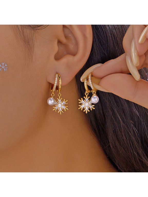 Silver Plated Cubic Zirconia Snowflake Dangle Hoop Earrings, Inlaid Imitation Pearl Center Winter Drop Earrings, Sparkly Holiday Party Jewelry for Women
