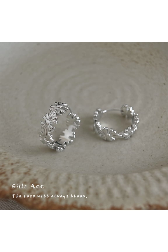 Silver Plated Floral Daisy Huggie Hoop Earrings Vintage Inspired Flower Jewelry for Women