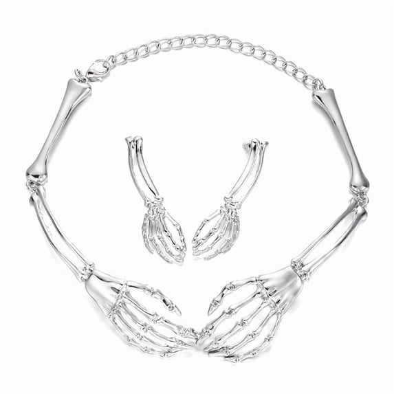 Faty-T Silver Plated Skeleton Hand 2‑Piece Jewelry Set, Articulated Bone Choker Necklace & Matching Skeleton Hand Dangle Earring Kit for Women, Spooky Gothic Statement Costume Jewelry for Halloween