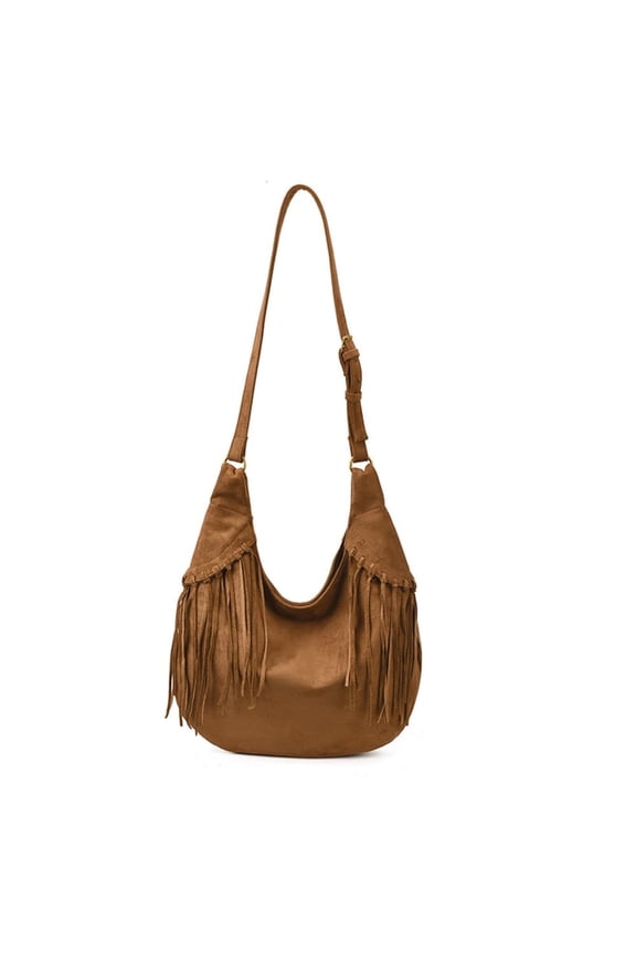 Slouchy Shoulder Bag Fringe Large Suede Purse for Women Vintage Hobo Tote Chocolate Brown Western Fringed Handbag Retro
