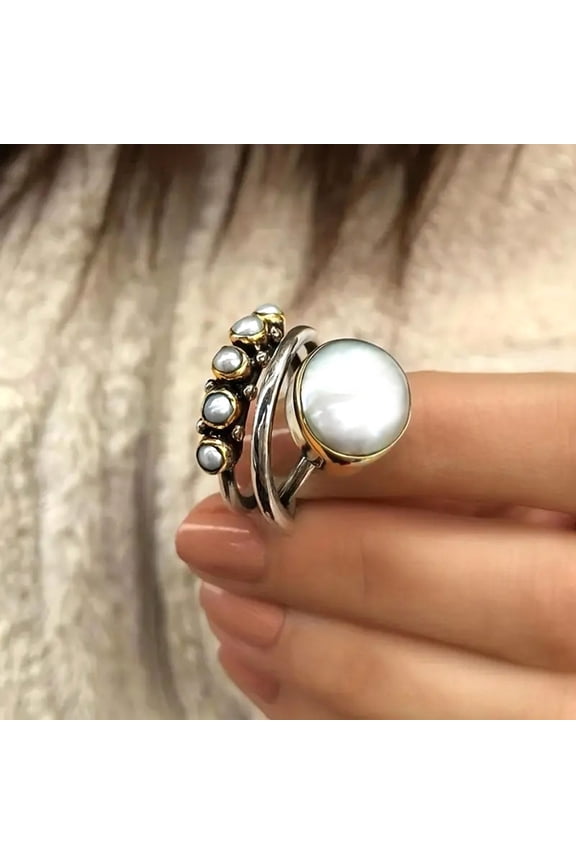 Unique Vintage 10 mm Simulated Pearl Ring for Women Ring Set 3 Layer Interlocked Ring Entwined Line With Stacking Rings Wedding Band Statement Cocktail Index Finger Rings