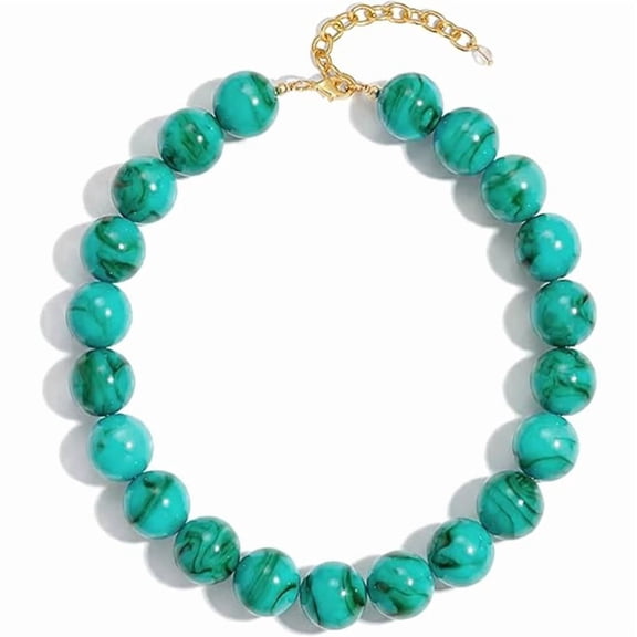 Faty-T Vibrant Green Chunky Beaded Choker Necklace, 14K Gold Plated Adjustable Extension Chain Round Polished Bead Statement Collar Necklace Elegant Jewelry Gift for Women Daily Wear
